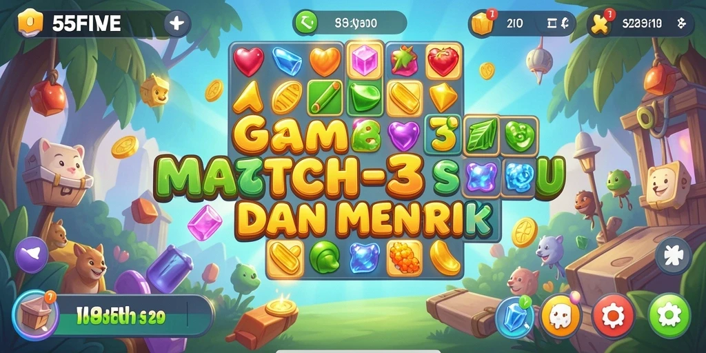 Screenshot gameplay 55FIVE yang menampilkan pencocokan simbol seru.