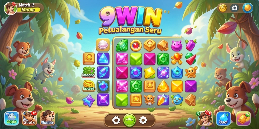 Tampilan gameplay seru dari 9WIN dengan efek match-3 yang memukau.