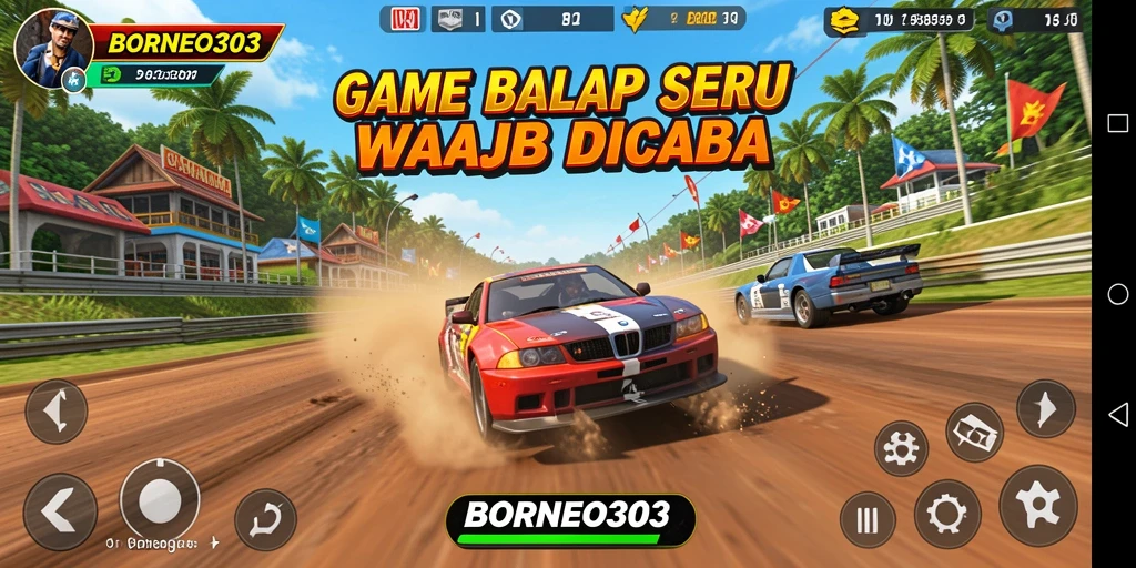 Tampilan gameplay seru di BORNEO303 dengan lintasan balap menantang.