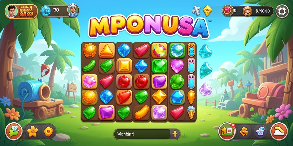 Tampilan gameplay Match-3 MPONUSA yang penuh warna dan menarik.