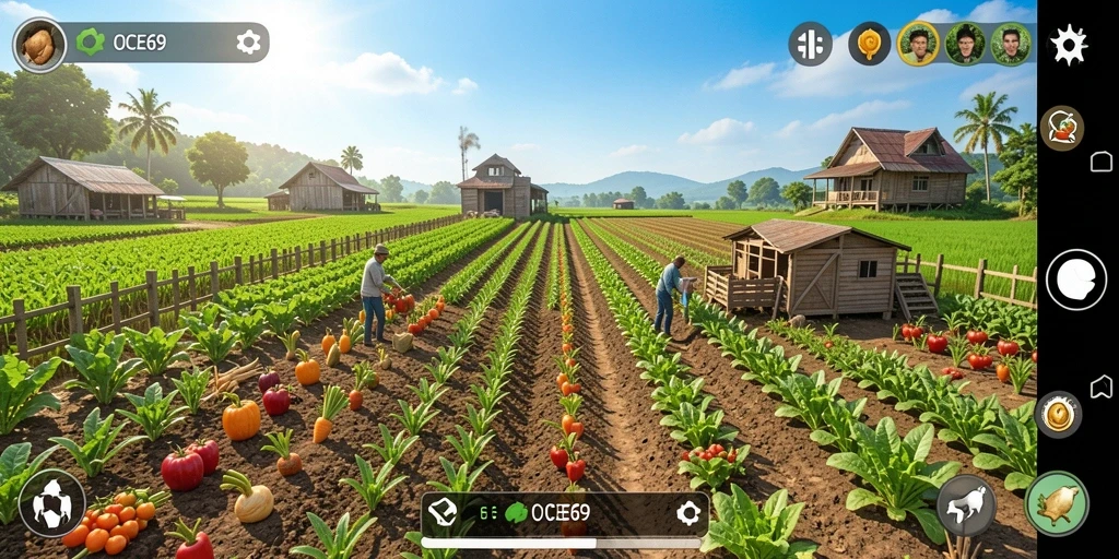 Tampilan gameplay OCE69 dengan pertanian yang aktif dan subur.
