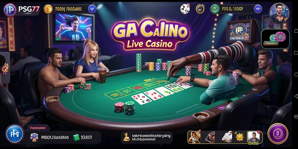 Screenshot gameplay Live Casino PSG77 yang menampilkan dealer dan pemain.
