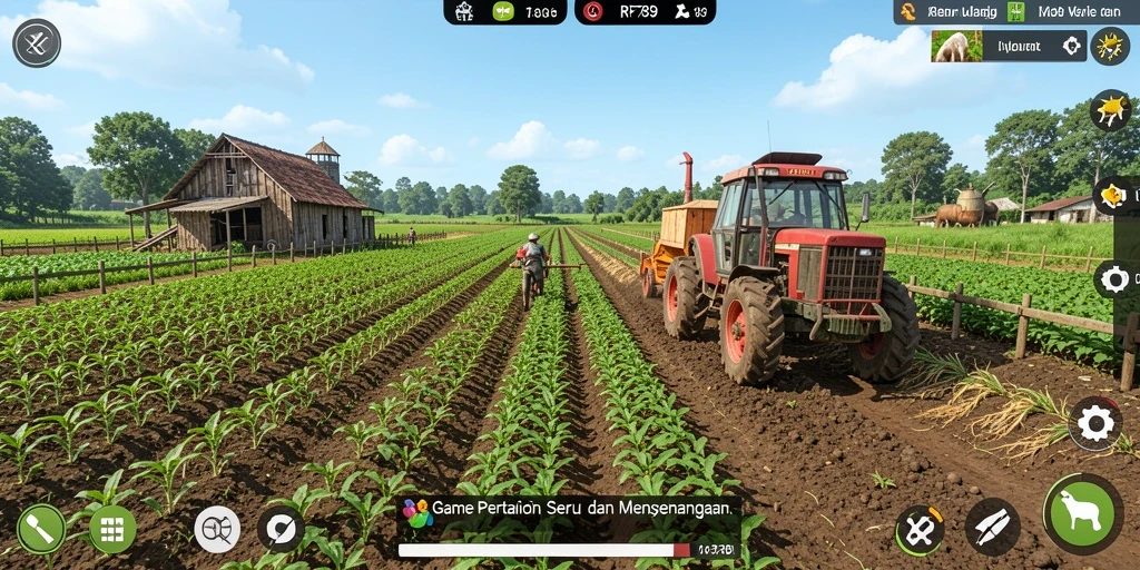 Screenshot gameplay RR789 menunjukkan keseruan bertani di ladang hijau.