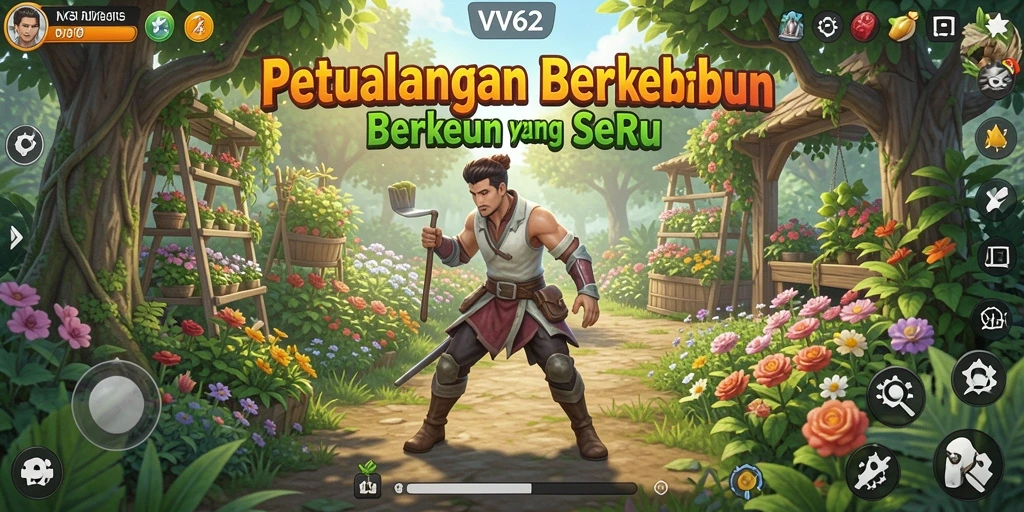 Screenshot gameplay VV62 yang menunjukkan ladang subur dan aktivitas bercocok tanam.