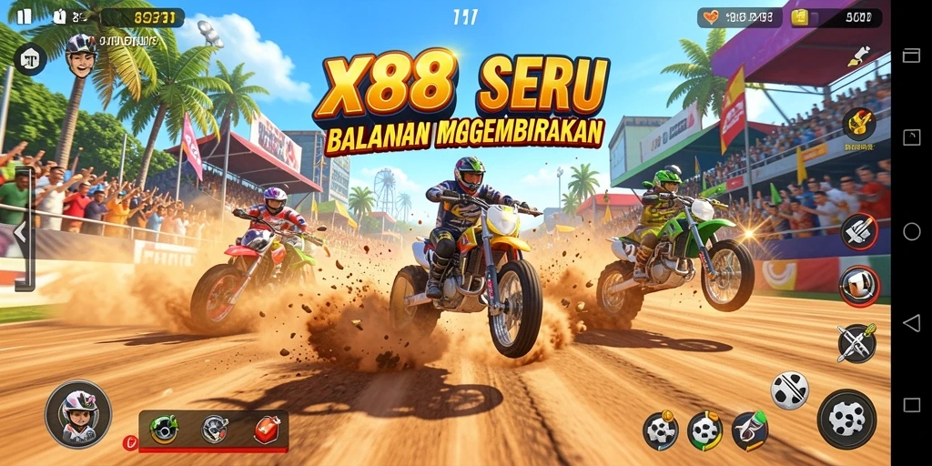 Tampilan balapan seru dalam X88 dengan kendaraan yang bertenaga.