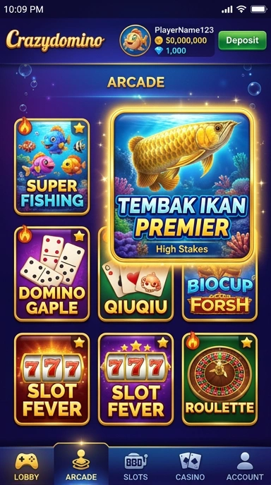 Screenshot antarmuka utama aplikasi crazydomino.
